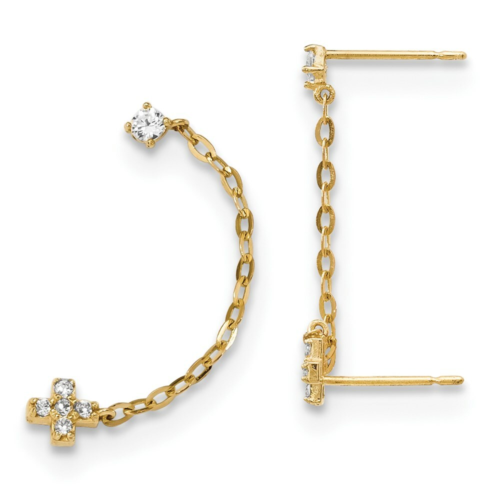 Детская серьга Madi K из желтого золота 14 Карат с двойным столбиком и цепочкой с чешским крестом (одинарная)
