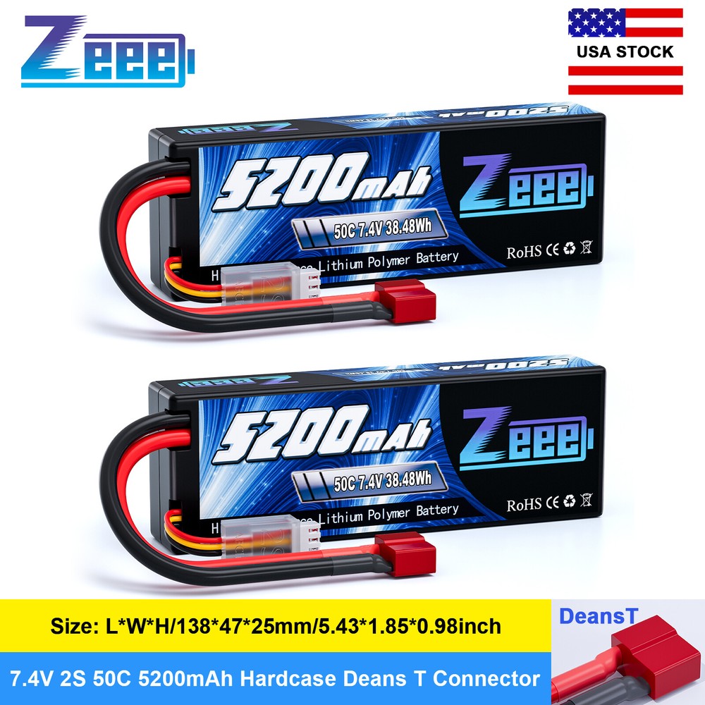 2x Zeee 2S Lipo Battery 7.4V 50C 5200mAh HardCase Deans T for RC Car Truck Buggy