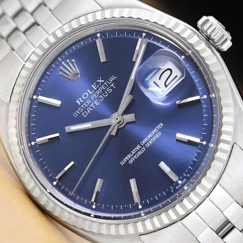 ROLEX MENS DATEJUST 1601 BLUE DIAL 18K WHITE GOLD BEZEL STAINLESS STEEL WATCH