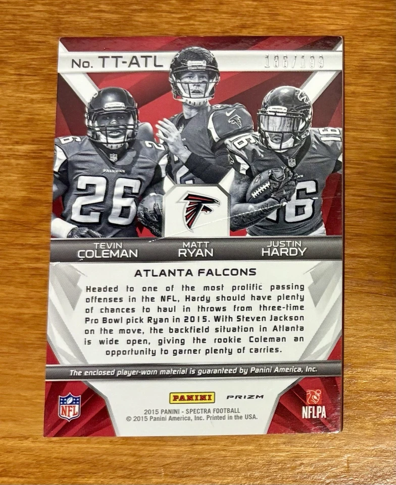 2015 Panini Spectra Team Trios Matt Ryan, Tevin Coleman, Justin Hardy #TT-ATL - Image 2 of 2