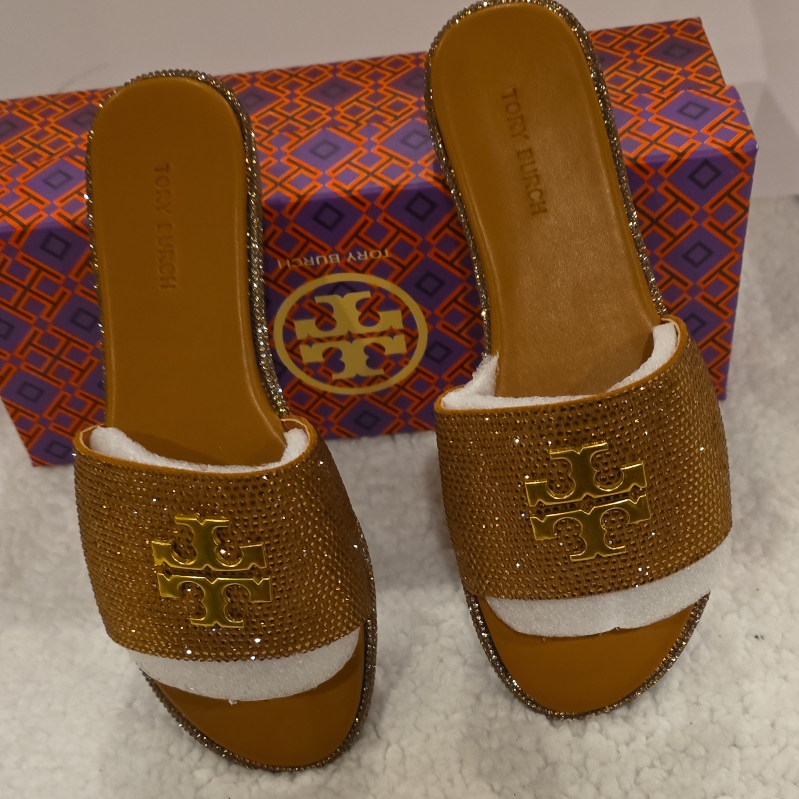 Tory Burch Brown Gold Rhinestone Logo Slide Sandals Women's thumbnail 4