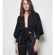 Geraldine Lustgarten Kamziz Blouse Black Tie Front Oversized Top Size 4 / Small