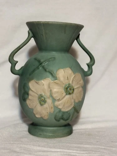 Vintage Weller White/Green Dogwood Double Handled Pottery Vase 1930s - 1940s
