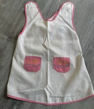Vintage child  s Full apron white with pink polkadots embroidered duck pockets