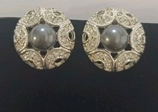 Vintage Napier Faux Pearl Silver Tone  large Clip Earrings Marked 