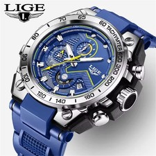 LIGE Men Quartz Watches Fashion Silicone Chronograph Wristwatch Boys Sport Watch