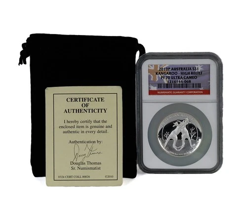 2010-P Australia $1 Silver High Relief Kangaroo 1 oz NGC PF-70 UC Flag Label