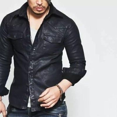 Herren Slim Fit Echtleder Biker Vintage Langarm Hemd Schwarz