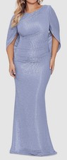 Betsy & Adam Women's Blue Crinkled Metallic Drape Back Gown Dress Plus Size 16W