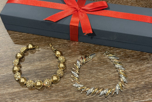 NAPIER MONET GOLD RHINESTONE SILVER CHAIN TWO-TONE BRACELETS SNAP CLASP LOT 2 EU