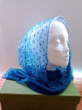Vintage De Bijenkorf 60s Sheer Chiffon Plastic Head Scarf Blue 53" X 8"