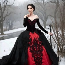 Medieval Wedding Dress Red / Black Gothic Bridal Gown Off Shoulder Long Sleeves