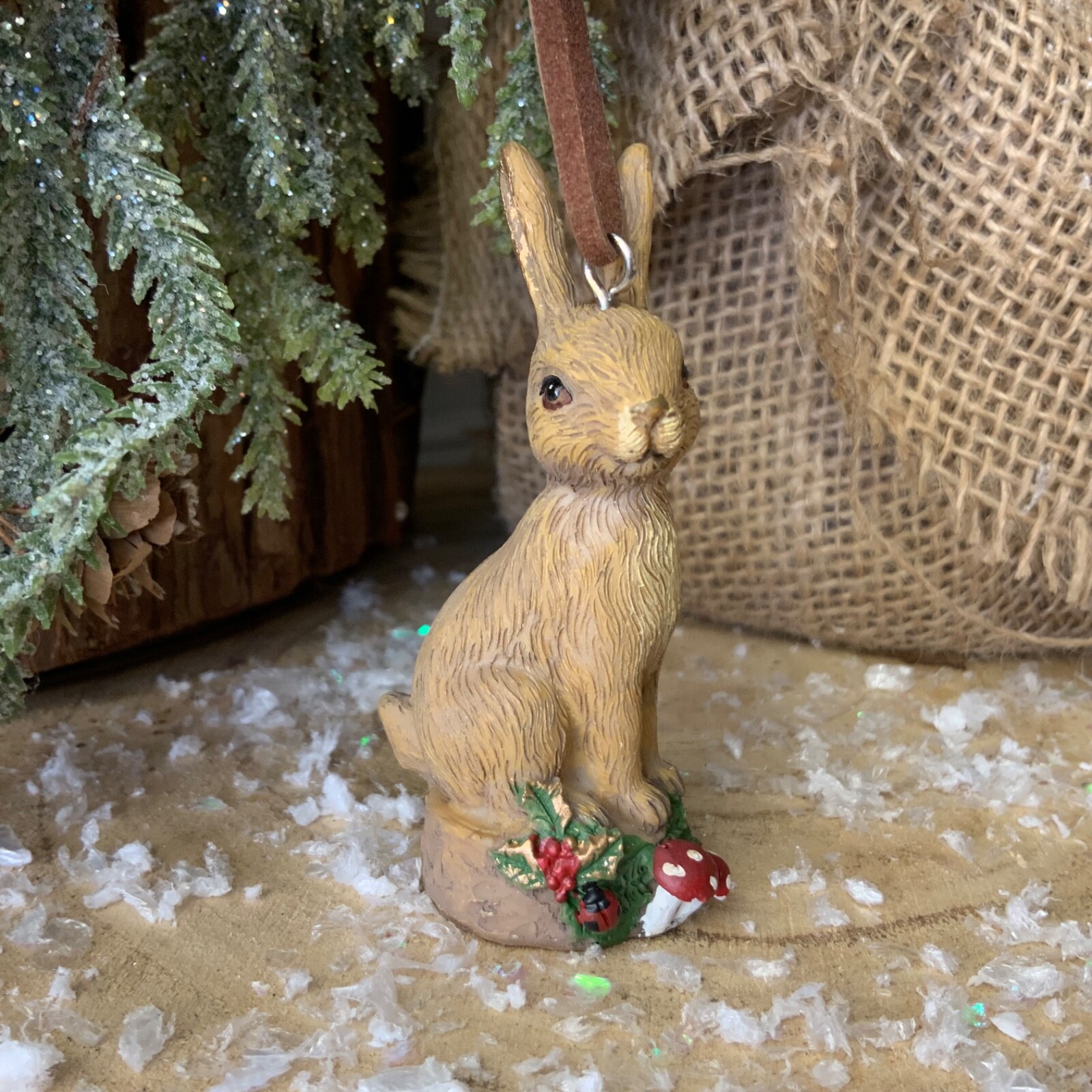 Rabbit Sitting on Log Christmas Hanging Tree Decoration Gisela Graham Woodland