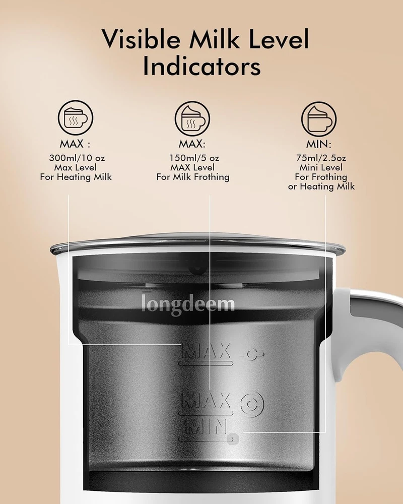 Milk Frother, 4-in-1 Electric Milk Foamer with Cold & Hot Froth for Latte Cappuc