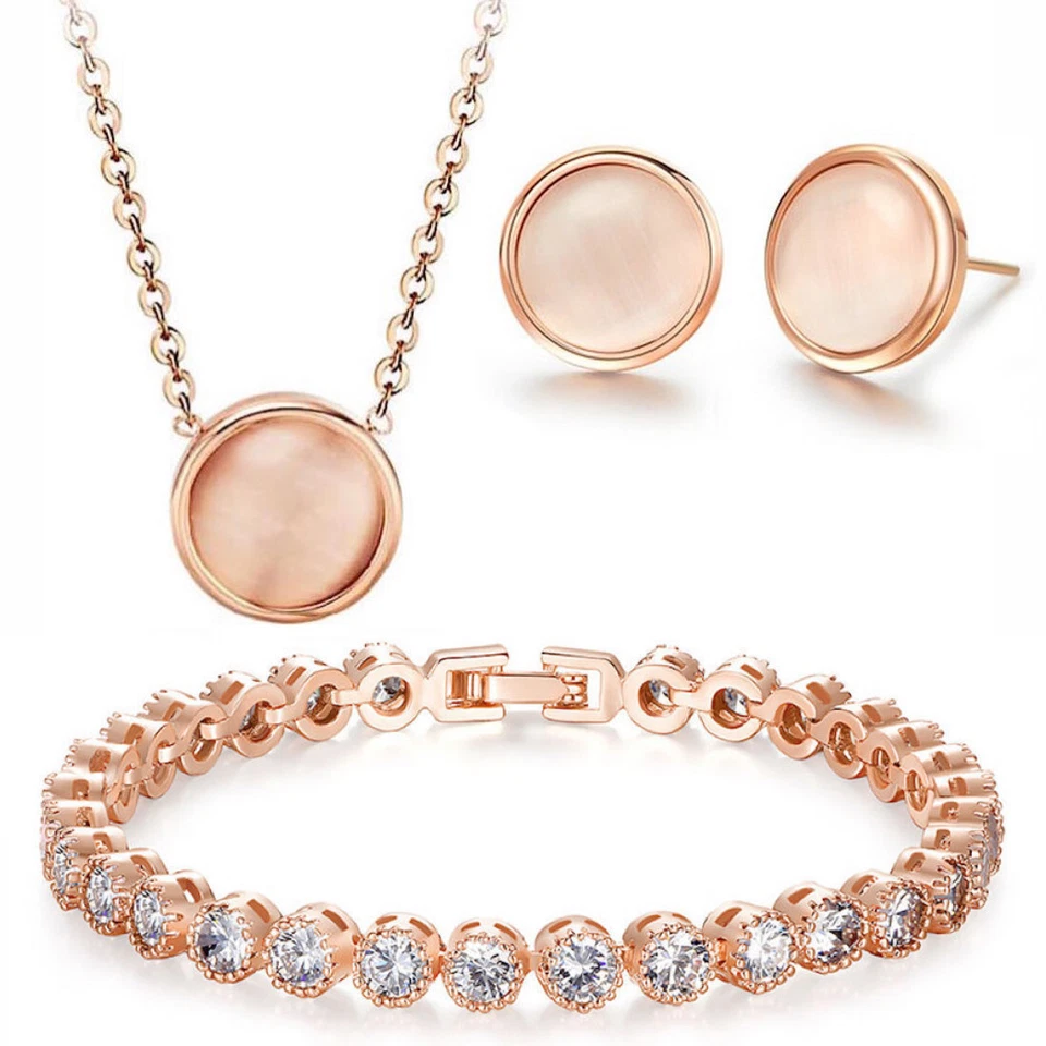 DAMEN SCHMUCKSET PERLE ANHÄNGER ROSE GOLD HALSKETTE EDELSTAHL OHRRINGE ARMBAND