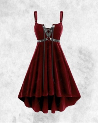 Neu Gothic weinrot Samt Korsett V-Ausschnitt Nieten Tauchsaum Kleid Gr 2XL 20 22 24