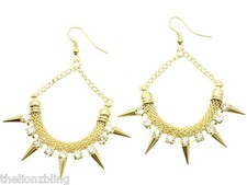 Punk Hip Hop Earrings Gold Crescent Hoops Metal Spikes  Crystal Bling