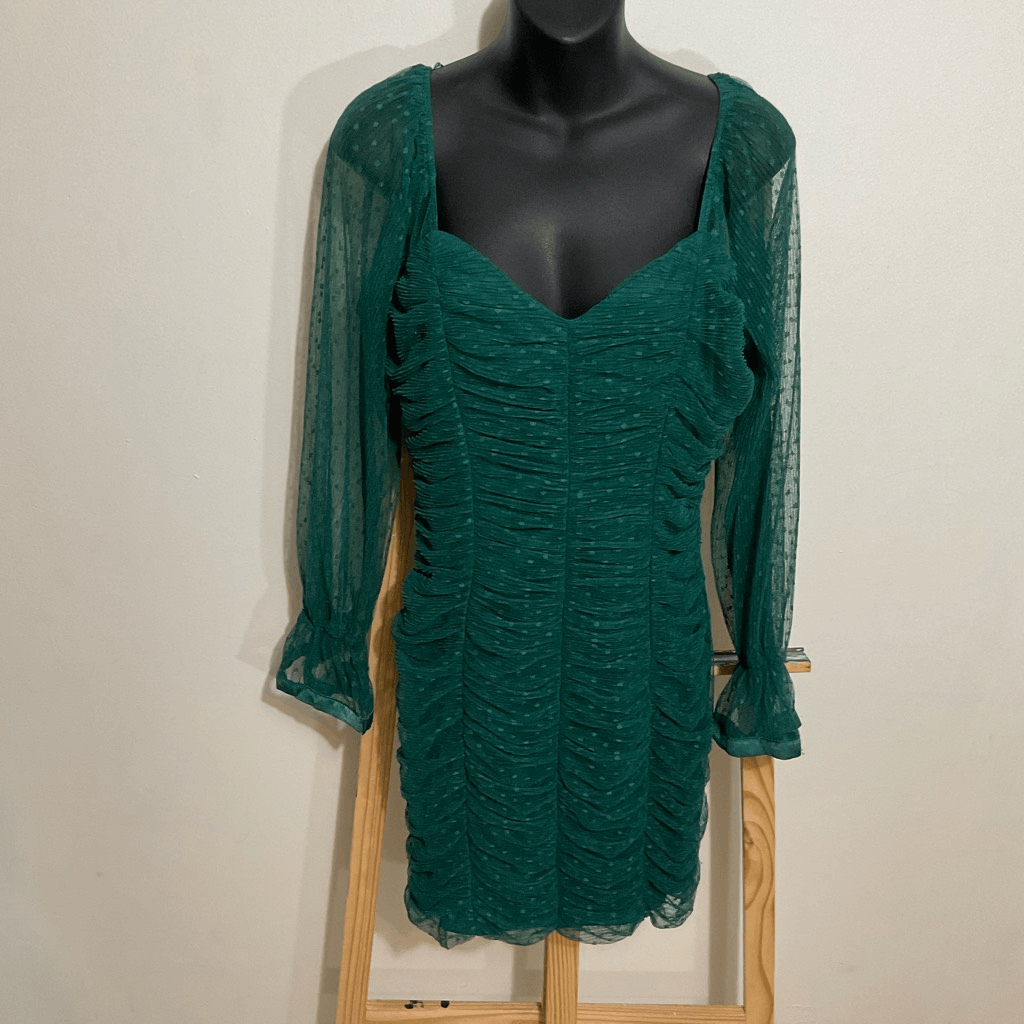 Haute Monde, Mini dress Green, Ruched Mesh Long Sleeve, Size Large