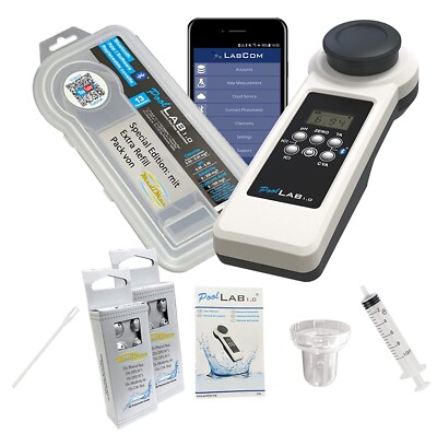 PoolLab 1.0 - 15 in 1 Photometer mit 70 Testtabletten + EXTRA Refill Pack