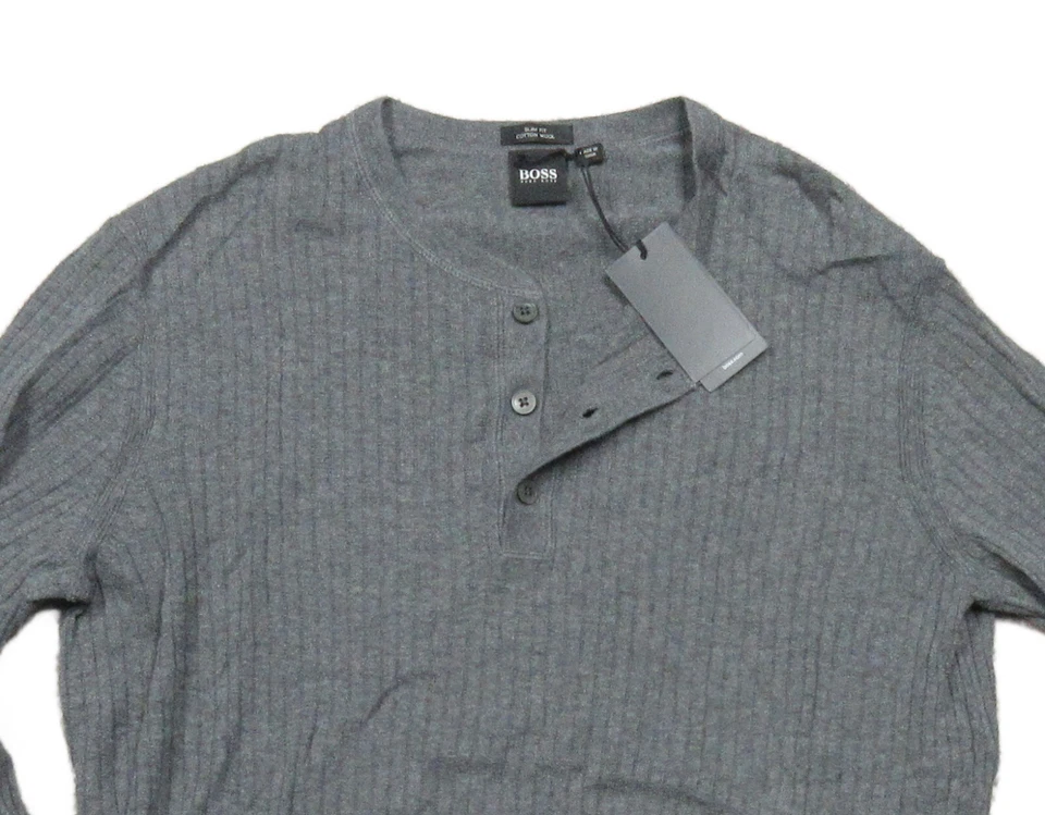 Suéter Henley Hugo Boss Etiqueta Negra Para Hombre Gris Erbi Acanalado Algodón Lana Calce Ajustado Foto 2 de 3