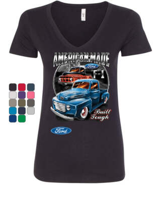Ford Pickup Trucks F1 Women's V-Neck T-Shirt American Made Hot Rod Built Tough