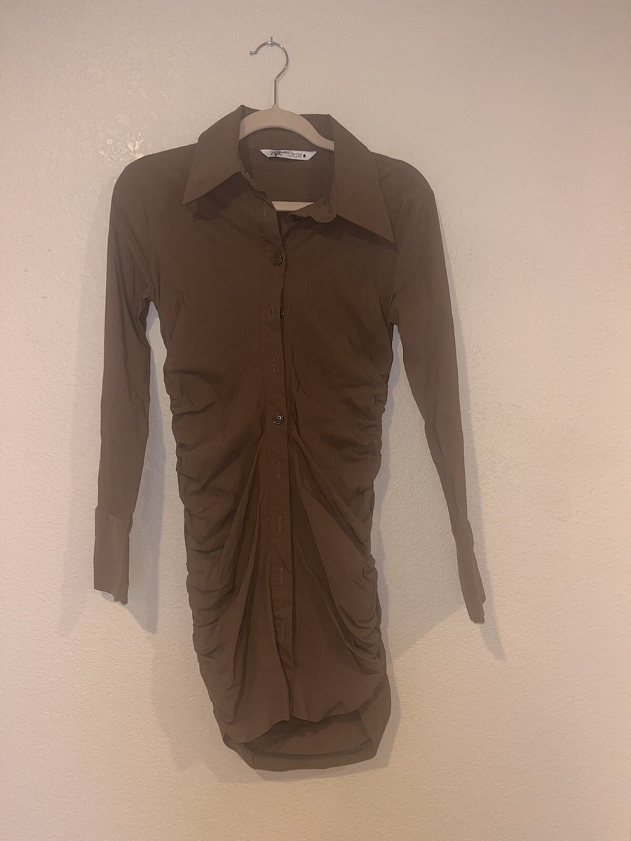 Zara Button Down Shirt Dress W/Ruching, Brown, Size Medium | eBay Zara Button Down Shirt Dress W/Ruching, Brown, Size Medium | eBay
