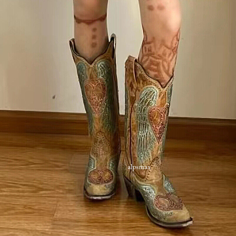 Nuevas botas de vaquero occidentales para mujer botas bordadas punta gruesa botas de tacón