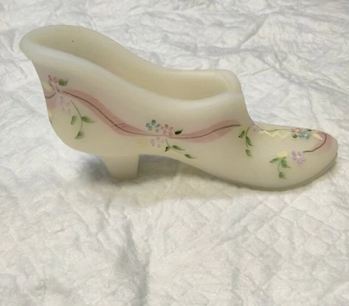 Fenton Hand Painted Satin White Glass Shoe Slipper Floral Ribbons Hopkins Gilded
