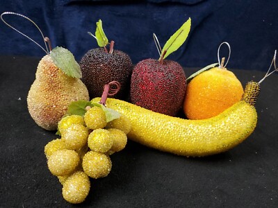 6 Fruit Sugared Beaded Jeweled Frosted Vintage Apple Pear Grapes Orange Banana