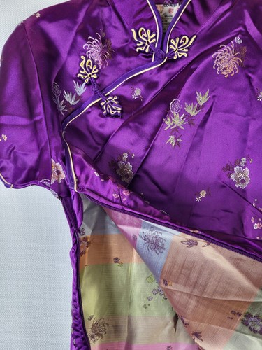 Double Peach Purple Jacquard Satin Floral Frog Button Asian Chinese Blouse 34 S - Photo 8/12