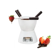 Premium Ceramic Fondue Pot Set, 4 Forks, Porcelain Cheese/Chocolate Warmer