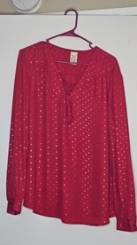 Faded Glory Red Peasant Pullover Top Size 2X/20 Silver Sparkle Detail Tie Neck
