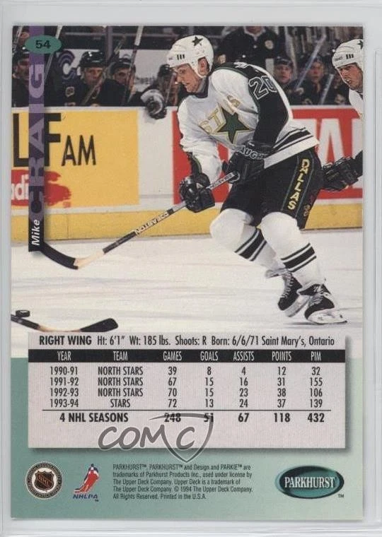 1994-95 Parkhurst Mike Craig #54 - Image 2 of 2