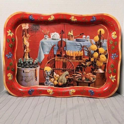 Vintage 1961 18 X 13 Metal Autumn Theme Serving Tray Coca Cola Harvest