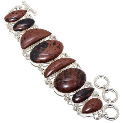 Natural Mahogany Obsidian 925  Silver Bracelet 7-8'' Red Brown Stone s449