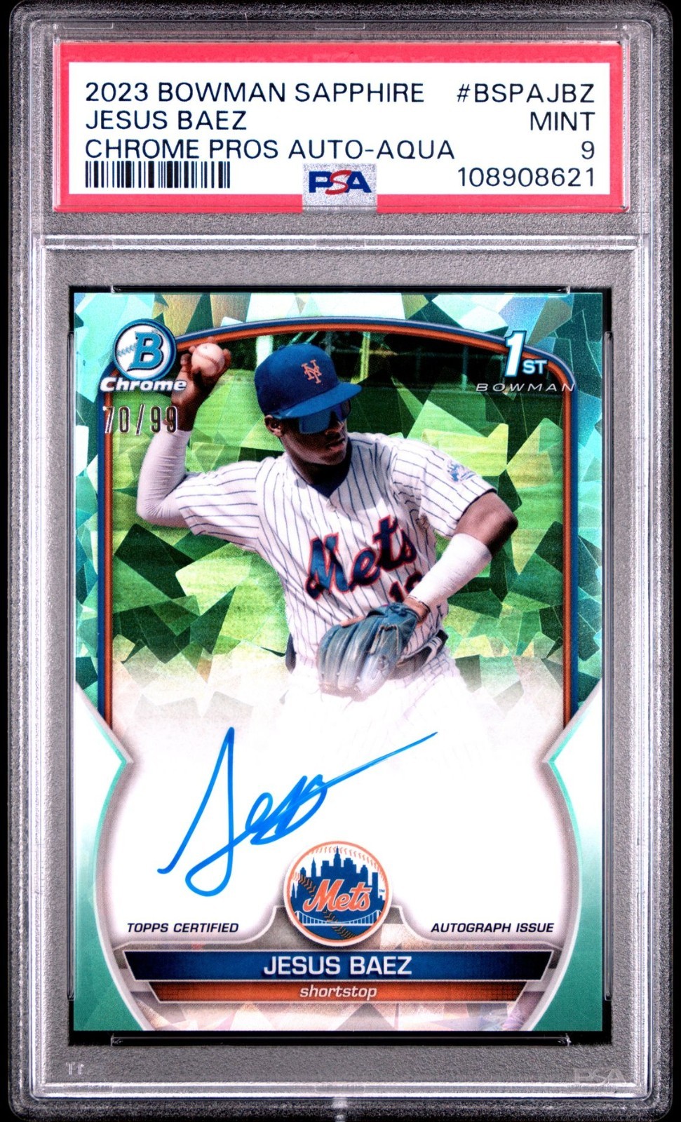 JESUS BAEZ 2023 BOWMAN SAPPHIRE 1st ATOMIC AQUA REFRACTOR AUTO /99 PSA 9 Mets