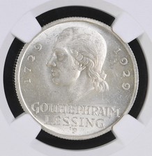 3 Mark 1929 F Lessing Weimarer Republik NGC MS63 Silber Münze (469)