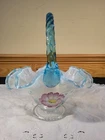 Fenton QVC French Blue Opalecent Glass Basket Landmark Collection HP Pink Floral