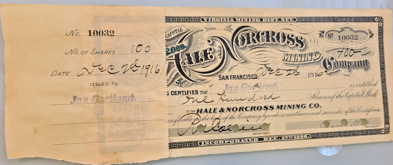 1916 HALE & NORCROSS MINING COMPANY San Francisco 100 SHARES No 10032 Stock CERT
