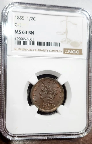 1855 Braided Hair Half Cent - C-1 - MS63BN - NGC - Rev Looks RB