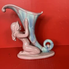 Art Deco Nymph Royal Haeger Cornucopia Vase Pink & Blue Nude Woman Mid Century