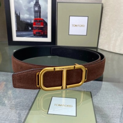 Tom Ford Men's Suede Leather Belt Brown 38mm Gold Logo Buckle NEW
