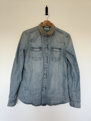 All Saints Spital Fields Denim Jacket Mens Size Small Slim Fit Blue Suede Collar