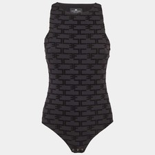 Elisabetta Franchi Black Logo Flocked Stretch Knit Tank Bodysuit L