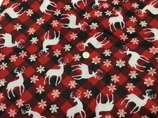 Snuggle Flannel Fabric Reindeer and Snowflakes on Black  Red Checked 2 yrds
