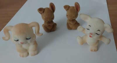 Lot of 4 Adorable 1970s Vintage Russ Berries Easter Cuties Flocked Bunnys 2 Inch