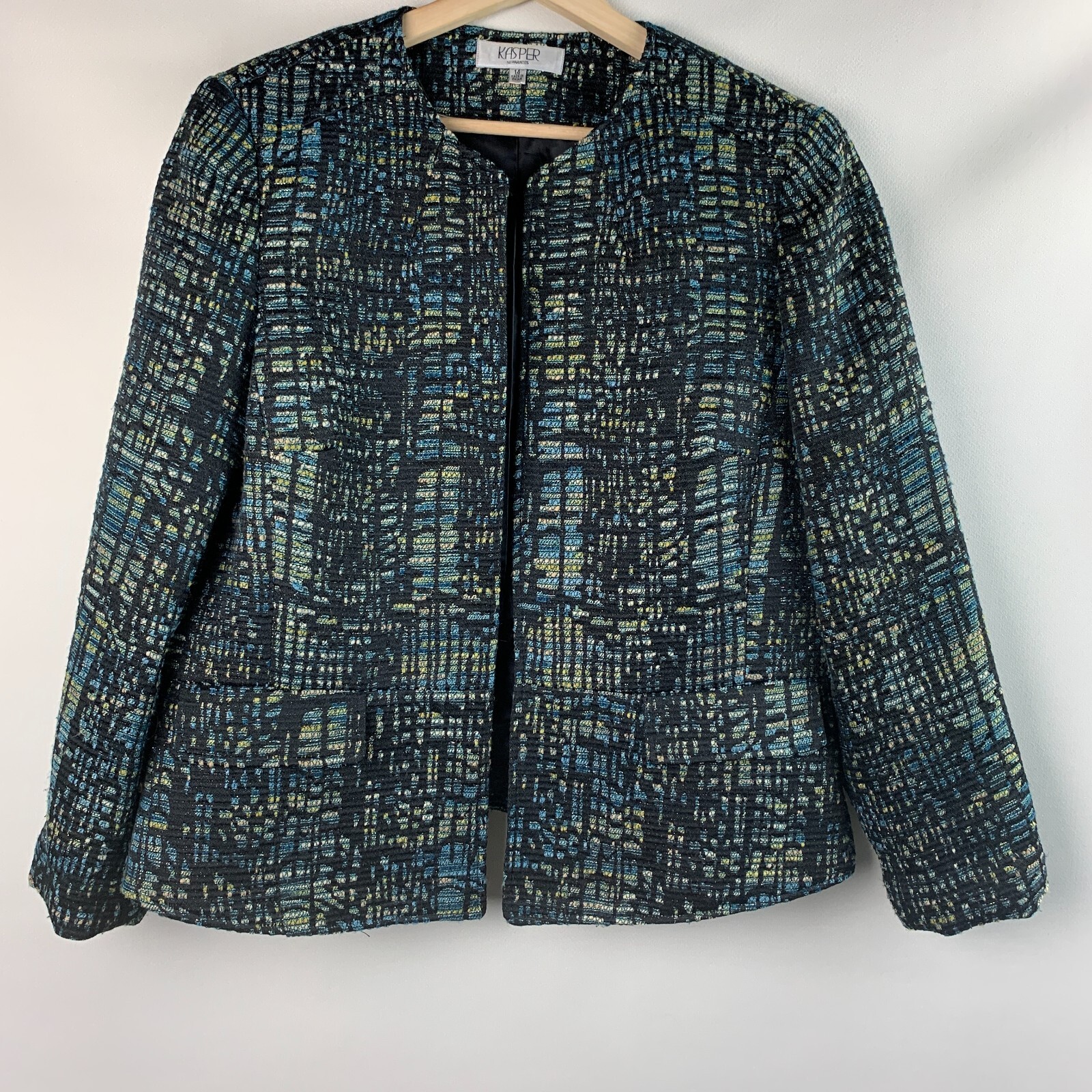 ALTRA Giacca Kasper nera verde blu stampa senza colletto aperta tasche anteriori foderata taglia 14