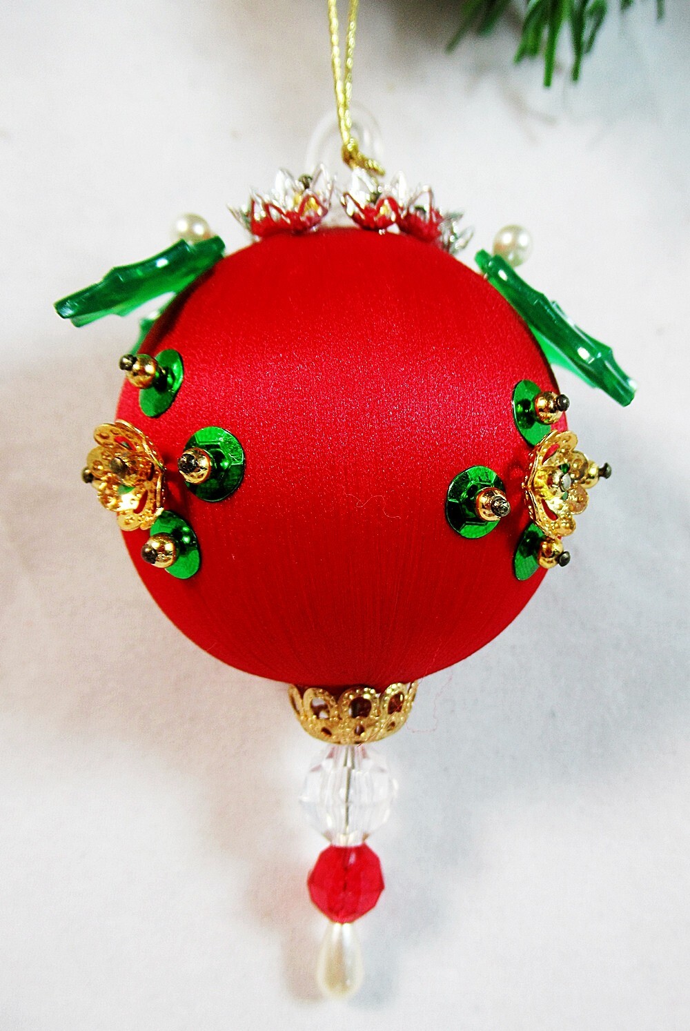 Handmade Lot of Four (4) Red Satin with Trim Beads Push Pin Ornament 