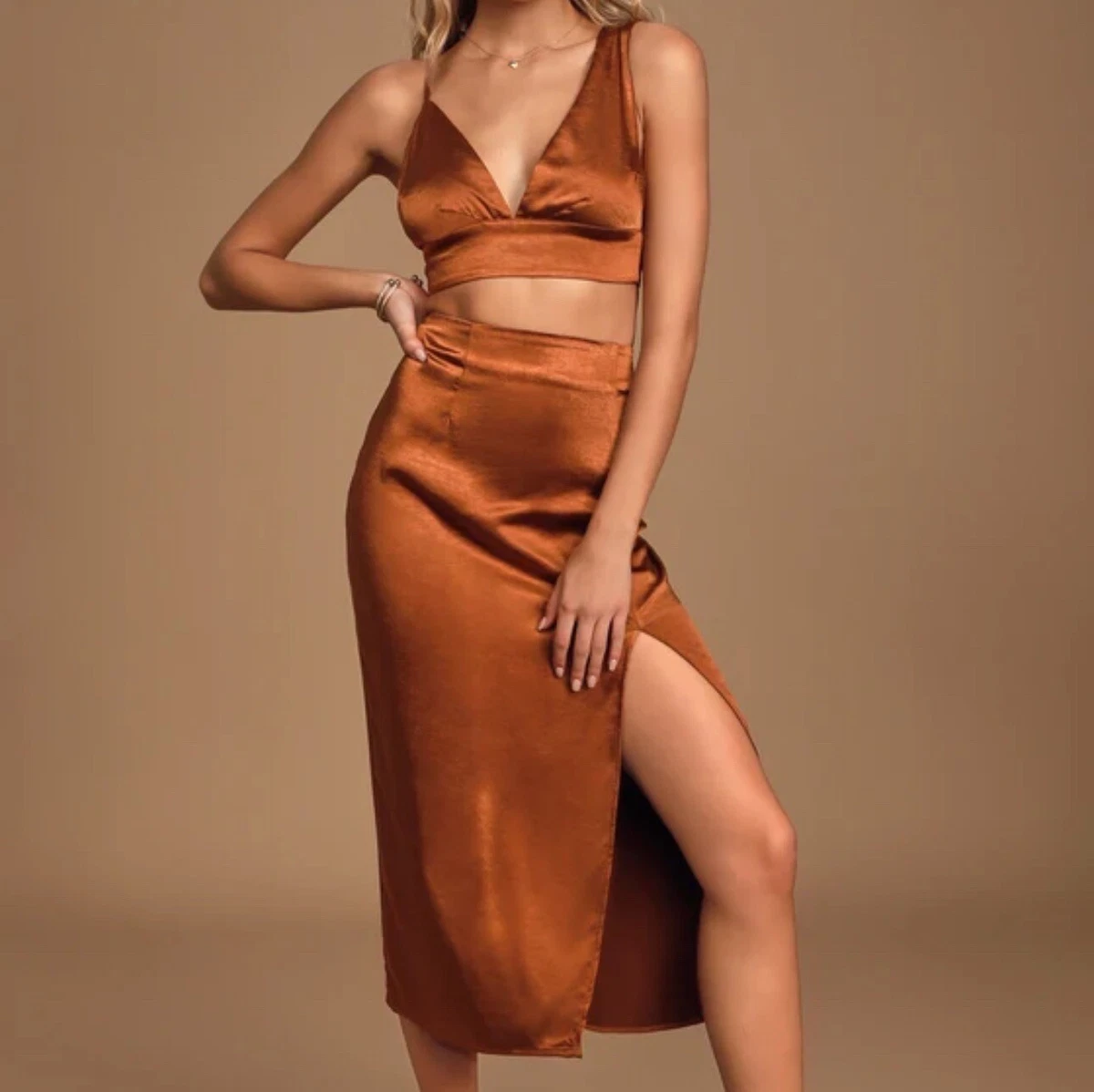 Satin midi top skirt rust