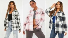 Womens Check Fleece Casual Jacket Shacket Top Shirt Coat Tunic Oversize Baggy
